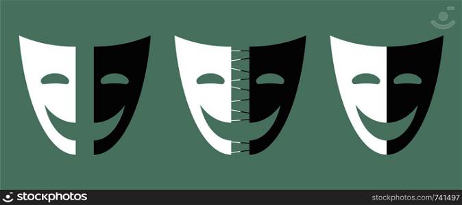 Theatrical mask icon. Two parties of mask. The process of the struggle between good and evil, black and white. Vector illustration for design, web.