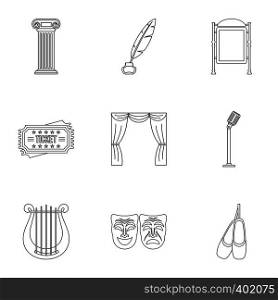 Theatrical performance icons set. Outline illustration of 9 theatrical performance vector icons for web. Theatrical performance icons set, outline style