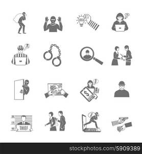 Theft And Robbery Icons Set. Theft and robbery black white icons set with stealing and breaking flat isolated vector illustration