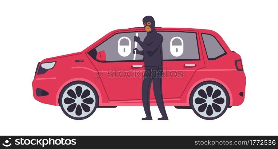 Theft car. Cartoon robber breaks automobile door. Criminal steals transport. Isolated bandit and red closed vehicle with anti-theft alarm. Machine security and auto stealing insurance. Vector crime. Theft car. Cartoon robber breaks automobile door. Criminal steals transport. Bandit and red closed vehicle with anti-theft alarm. Vector machine security and auto stealing insurance