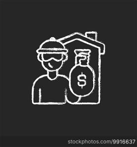 Theft chalk white icon on black background. Home burglary and robbery. House invasion. Security, safeguard. Residence protection. Safety precautions. Isolated vector chalkboard illustration. Theft chalk white icon on black background