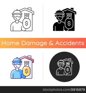 Theft icon. Home burglary and robbery. House invasion. Security, safeguard. Residence protection. Safety precautions. Linear black and RGB color styles. Isolated vector illustrations. Theft icon