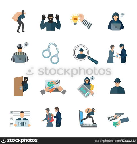 Theft Icons Set. Theft and thief icons set with laptop handcuffs and prison flat isolated vector illustration