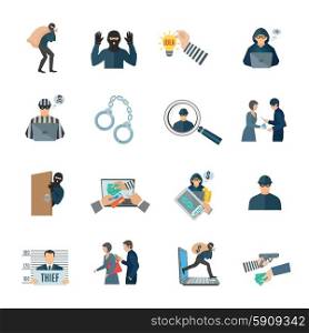 Theft Icons Set. Theft and thief icons set with laptop handcuffs and prison flat isolated vector illustration