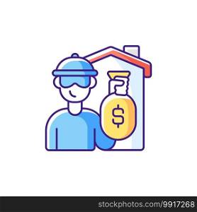 Theft RGB color icon. Home burglary and robbery. House invasion. Security, safeguard. Residence protection. Safety precautions. Commiting crime. House break-ins. Isolated vector illustration. Theft RGB color icon