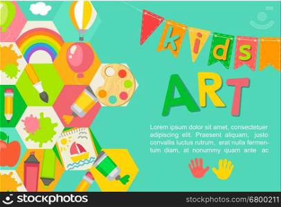 Themed Kids art poster in flat style. Education and enjoyment concept, vector illustration.