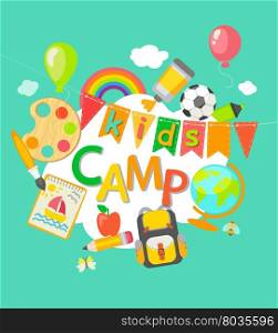 Themed Summer Camp poster in flat style, vector illustration.