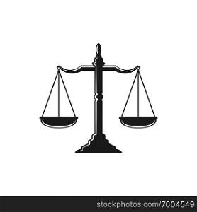 Themis scale isolated sign of justice, dual balance symbol. Vector vintage equal weight scales. Dual balance scales isolated icon. Vector scales