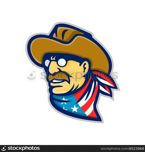 Theodore Roosevelt Jr Mascot. Mascot icon illustration of head of an American statesman, writer and 26th President of the United States, Theodore Roosevelt Jr wearing bandanna with USA flag on isolated background in retro style.. Theodore Roosevelt Jr Mascot
