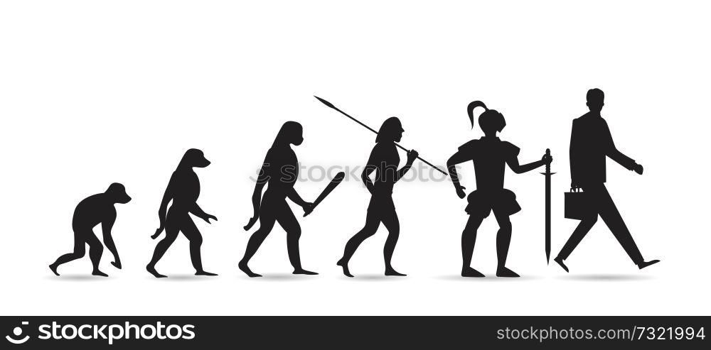 Theory of evolution of man silhouette. Human development from monkey to modern businessmen isolated on white background.