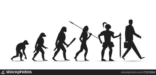 Theory of evolution of man silhouette. Human development from monkey to modern businessmen isolated on white background.