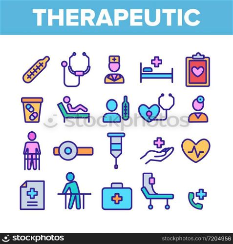 Therapeutic Collection Elements Icons Set Vector Thin Line. Sanitary Case And Nurse, Doctor And Patient, Tablet And List Therapeutic Concept Linear Pictograms. Color Contour Illustrations. Therapeutic Collection Elements Icons Color Set Vector