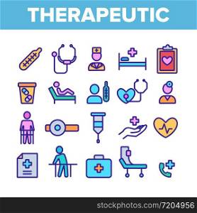 Therapeutic Collection Elements Icons Set Vector Thin Line. Sanitary Case And Nurse, Doctor And Patient, Tablet And List Therapeutic Concept Linear Pictograms. Color Contour Illustrations. Therapeutic Collection Elements Icons Color Set Vector