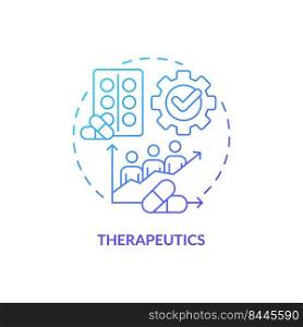 Therapeutics blue gradient concept icon. Treatment. Pandemic preparedness clinical research abstract idea thin line illustration. Isolated outline drawing. Myriad Pro-Bold fonts used. Therapeutics blue gradient concept icon