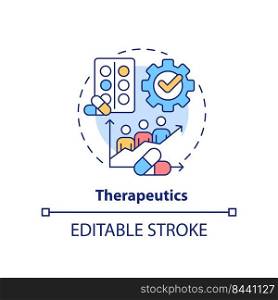 Therapeutics concept icon. Pandemic preparedness clinical research abstract idea thin line illustration. Isolated outline drawing. Editable stroke. Arial, Myriad Pro-Bold fonts used. Therapeutics concept icon
