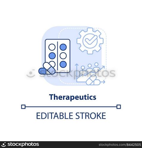 Therapeutics light blue concept icon. Pandemic preparedness clinical research abstract idea thin line illustration. Isolated outline drawing. Editable stroke. Arial, Myriad Pro-Bold fonts used. Therapeutics light blue concept icon