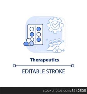 Therapeutics light blue concept icon. Pandemic preparedness clinical research abstract idea thin line illustration. Isolated outline drawing. Editable stroke. Arial, Myriad Pro-Bold fonts used. Therapeutics light blue concept icon