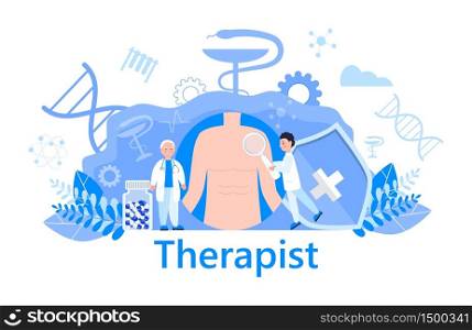 Therapist concept vector health care, medical website, banner. The family doctor treats the patient. Physician, internist or general practitioner illustration.. Therapist concept vector health care, medical website, banner. The family doctor treats the patient. Physician, internist or general practitioners illustration.