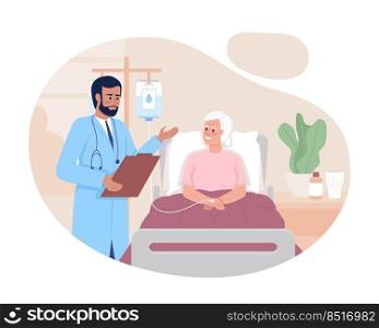 Therapist examining old patient in hospital 2D vector isolated illustration. Treatment flat characters on cartoon background. Health colourful editable scene for mobile, website, presentation. Therapist examining old patient in hospital 2D vector isolated illustration