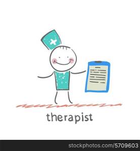 therapist holding folder in hand. Fun cartoon style illustration. The situation of life.
