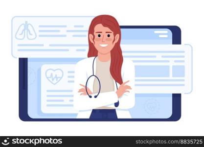 Therapist in tablet flat concept vector illustration. Online consultation. Editable 2D cartoon characters on white for web design. Female doctor creative idea for website, mobile, presentation. Therapist in tablet flat concept vector illustration