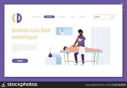 Therapist landing. Spa salon medical manual therapy relax body thai doctor garish vector web page with place for text. Illustration of medical therapist and treatment. Therapist landing. Spa salon medical manual therapy relax body thai doctor garish vector web page with place for text