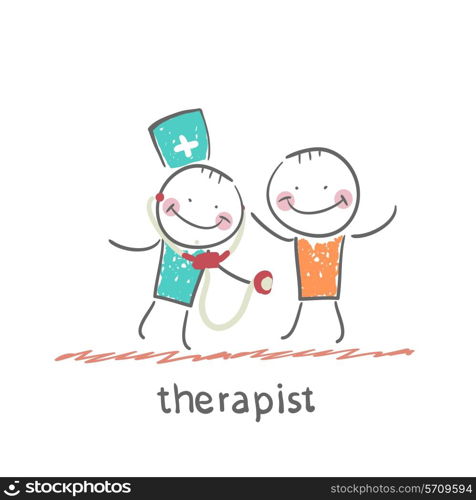 therapist listens to a stethoscope patient. Fun cartoon style illustration. The situation of life.