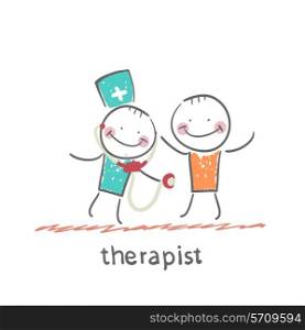 therapist listens to a stethoscope patient. Fun cartoon style illustration. The situation of life.