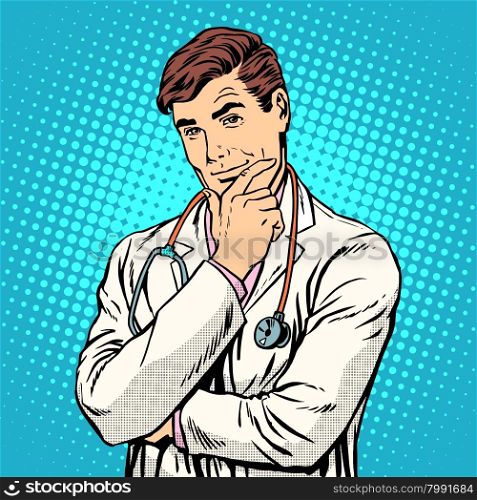 Therapist medicine profession pop art retro style. A middle-aged man in a white medical coat with a stethoscope, Caucasian