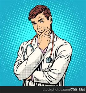 Therapist medicine profession pop art retro style. A middle-aged man in a white medical coat with a stethoscope, Caucasian