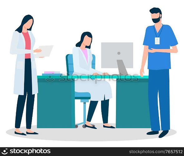 Therapist or physician, secretary and nurse, doctor with laptop vector. Online treatment, medical staff, medicine and healthcare, disease treatment. Prescription, Internet consultation illustration. Medical Staff, Doctor and Secretary with Nurse