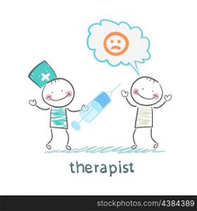 therapist with syringe is looking at the patient&#39;s