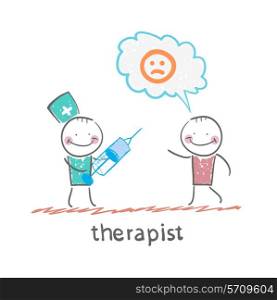 therapist with syringe is looking at the patient&#39;s