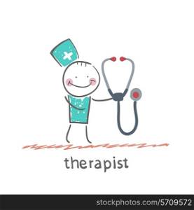 therapist with tetoskopom. Fun cartoon style illustration. The situation of life.