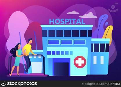 Therapist working with patient at rehabilitation center. Rehabilitation center, rehabilitation hospital, stabilization of medical conditions concept. Bright vibrant violet vector isolated illustration. Rehabilitation center concept vector illustration.