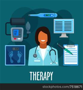 Therapy and primary healthcare symbol of woman physician with stethoscope, surrounded by flat icons of thermometer, blood pressure monitor and scales, medical examination form and computer. General practicioner profession design. Physician with medical examination tools flat icon