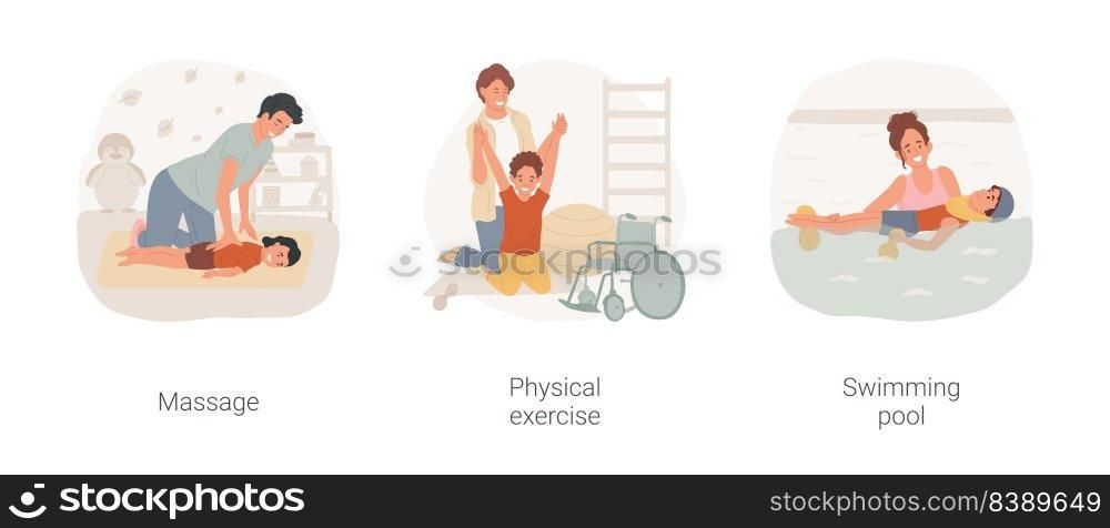 Therapy for disabled children in daycare isolated cartoon vector illustration set. Massage, physical exercise, swimming pool, inclusive kindergarten, motor disorder rehabilitation vector cartoon.. Therapy for disabled children in daycare isolated cartoon vector illustration set.