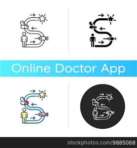 Therapy journey icon. Taking medications for treatment. Private psychotherapy practice. Health problem remediation. Linear black and RGB color styles. Isolated vector illustrations. Therapy journey icon