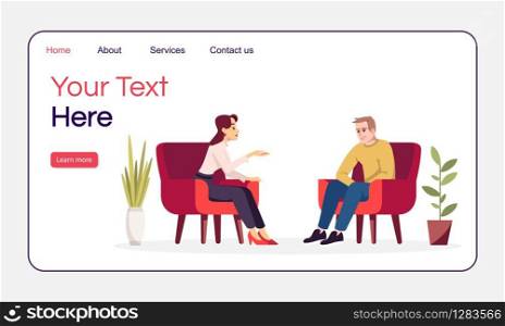 Therapy session landing page vector template. Couple in armchairs. Psychology consultation website interface idea with flat illustrations. Homepage layout. Web banner, webpage cartoon concept