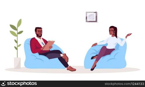 Therapy session semi flat RGB color vector illustration. Interview. Individual appointment. Psychologist and patient in office. Psychology consultation. Isolated cartoon character on white background