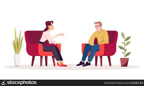 Therapy session semi flat RGB color vector illustration. Interview. Meeting. Couple in armchairs. People having conversation in cozy room. Psychology consultation. Isolated cartoon character on white
