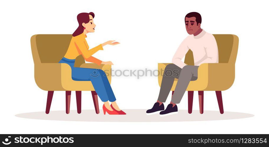 Therapy session semi flat RGB color vector illustration. Interview. Meeting. Talking couple. People having conversation in cozy armchairs. Psychology consultation. Isolated cartoon character on white