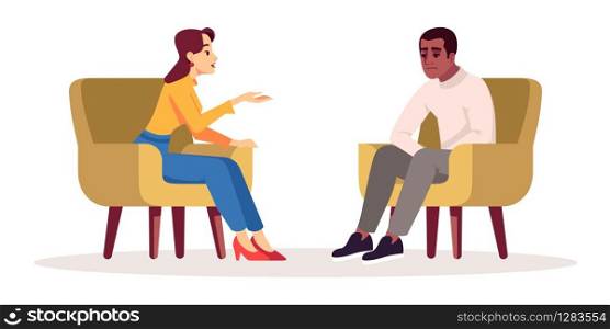 Therapy session semi flat RGB color vector illustration. Interview. Meeting. Talking couple. People having conversation in cozy armchairs. Psychology consultation. Isolated cartoon character on white