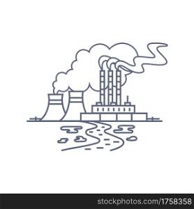 Thermal power plant line icon. Thermoelectric power station with smoke from chimneys and traces of soil and water pollution. Vector linear illustration on white background.. Thermal power plant line icon. Thermoelectric power station with smoke from chimneys and traces of soil and water pollution. Vector linear illustration on white background..