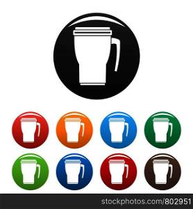Thermo cup icons set 9 color vector isolated on white for any design. Thermo cup icons set color