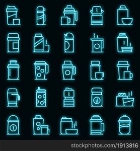 Thermo cup icons set. Outline set of thermo cup vector icons neon color on black. Thermo cup icons set vector neon