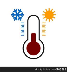 Thermometer icon black with snowflake and sun. Thermometer vector icon. Thermometer icon isolated on white background. Eps10. Thermometer icon black with snowflake and sun. Thermometer vector icon. Thermometer icon isolated on white background