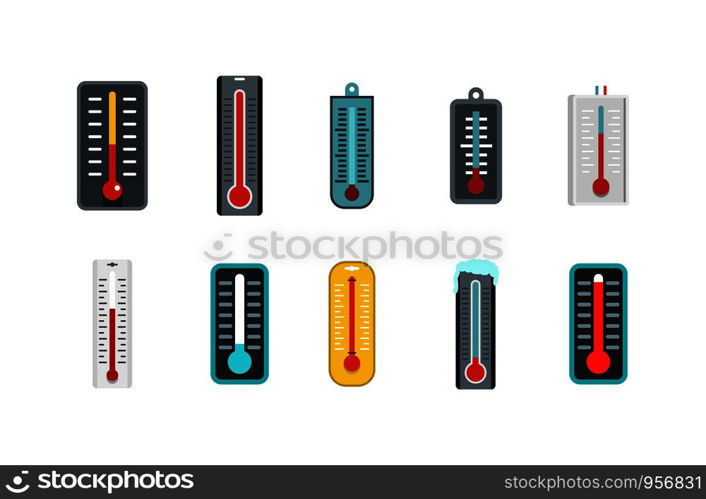 Thermometer icon set. Flat set of thermometer vector icons for web design isolated on white background. Thermometer icon set, flat style