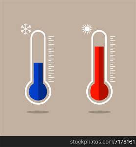 Thermometer icons measuring heat and cold. Thermometers showing hot and cold weather. Eps10. Thermometer icons measuring heat and cold. Thermometers showing hot and cold weather