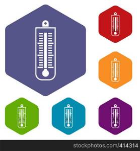 Thermometer icons set rhombus in different colors isolated on white background. Thermometer icons set